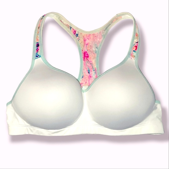 PINK Victoria's Secret Other - ☆3/25☆ VS PINK Yoga Push-up Bra |Sz L| White w/Neon Paint Splatter Lace Back